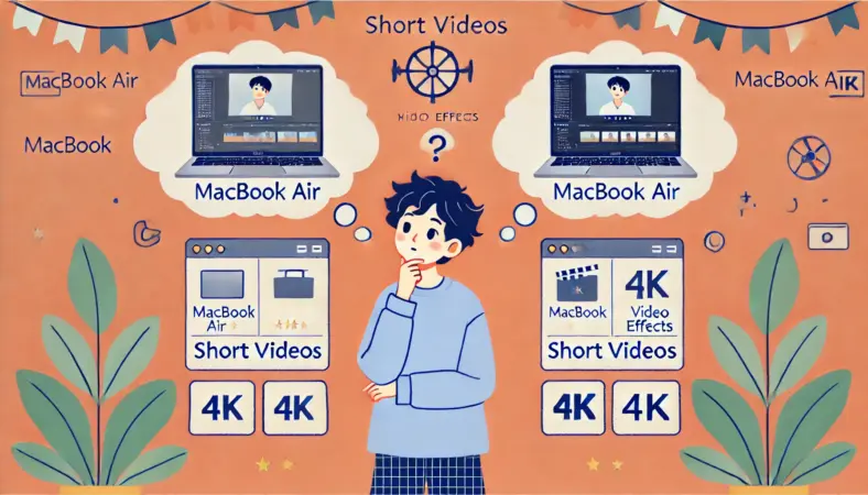 動画編集用のMacBook Airを選ぶ日本人の初心者が、スペック比較をしながら慎重にモデルを選んでいるシーン。背景には動画の長さや解像度を示すアイコンが浮かび、選択に悩むが前向きな表情のアニメ風イラスト。