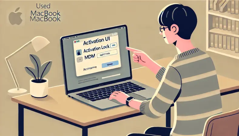 中古MacBookの初期設定中に、アクティベーションロックやMDMの警告を慎重に確認している日本人ユーザーのイラスト。セキュリティリスクを避ける重要性を示す場面。