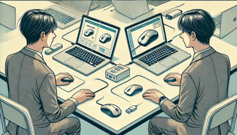 同じマウスを2台の端末（デスクトップPCとノートPC）で比較テストしている日本人ユーザーのイラスト。スクロール挙動を確認中。