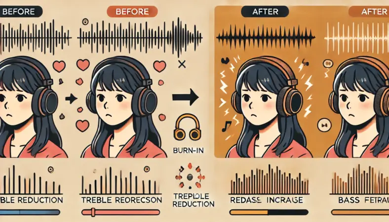 ヘッドホンを装着した日本人女性のイラスト。左側は鋭い音波に苦しむ表情、右側は滑らかな音波に囲まれてリラックスした表情で、エージングによる音の印象の変化を対比的に描いている