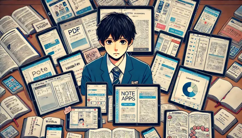 複数のアプリと資料に囲まれて混乱し、iPadの操作に疲れている日本人高校生。勉強が非効率になっている様子。