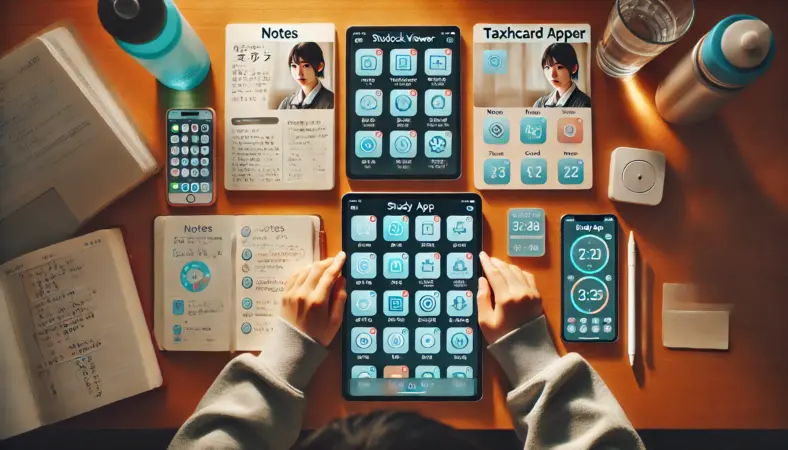 勉強効率を上げるためにiPad上に4種類の学習アプリ(ノート、教材、暗記、時間管理)を役割ごとに整理して活用する様子。