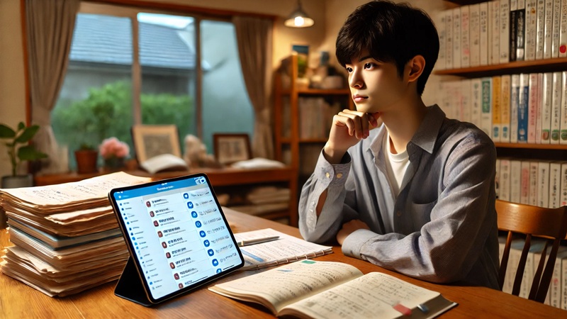 複数アプリを同時活用し、iPadで資料の読み込み・メモ作成・タスク管理をこなす日本人大学生。効率的な学習風景。