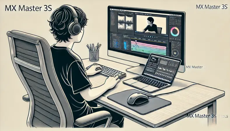 外部モニターに接続されたMacBookで、MX Master 3Sマウスを使いながら動画編集ソフトのタイムライン操作をしている日本人ユーザーのイラスト。快適性と精度が求められる長時間作業の様子