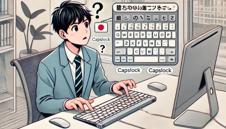 日本人ユーザーがMacキーボードでWindowsを使う際に「半角/全角」キーがなく困っている様子のイラスト。CapsLockキーを代用しようとして設定を確認している場面で、清潔なデスク上にMacキーボードとWindowsノートPCが設置されている。