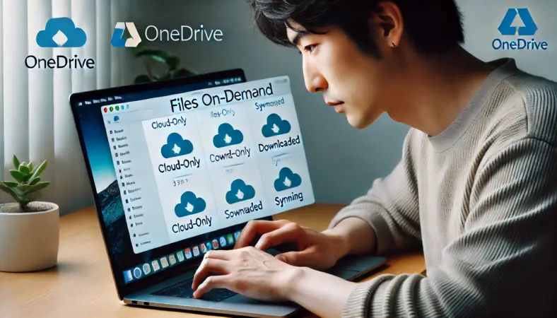 MacBookでOneDriveのファイル同期とFiles On-Demandの状態を確認している日本人男性。クラウド・ダウンロード済み・同期中などのアイコンが並ぶFinder画面を操作し、同期の挙動を理解しようとしている場面。