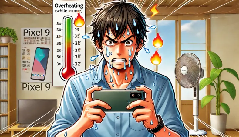 暑い室内でゲームに苦戦する日本人男性。スマホの発熱とプレイ中の疲れが表情に表れており、Pixel 9が向いていないユーザー像を示す。