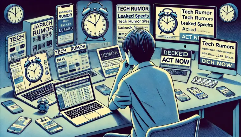 技術系の噂やリーク情報を複数のモニターで確認しながら、MacBook購入の判断に迷う日本人ユーザー。現実の選択肢と噂の間で葛藤する様子が表現されたデスク環境