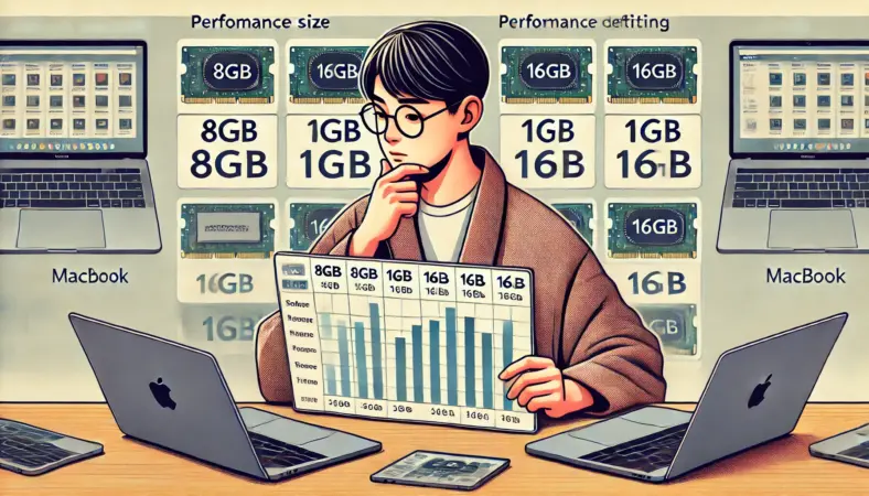 8GBと16GBのメモリ比較表を見ながら、用途に応じた中古MacBookの選び方を検討する日本人のイラスト。作業内容に応じたスペックの重要性が伝わる構成。
