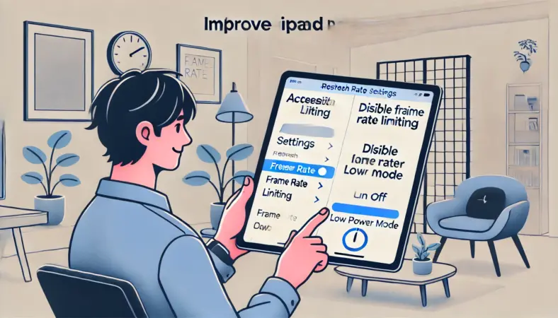 iPadの設定で低電力モードやフレームレート制限をオフにしようとしている日本人男性のイラスト。ProMotionの可変リフレッシュレートを最大限に活かすための設定変更の様子を描写。