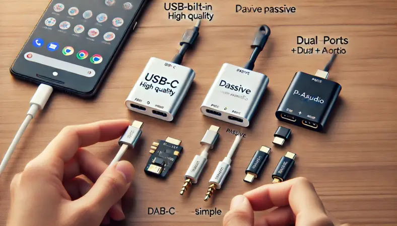 Google Pixelに接続された3種類のUSB-C変換アダプタを比較。DAC内蔵タイプ、パッシブタイプ、PD対応の二股タイプが並び、日本人ユーザーが選び方を確認しているシーン。