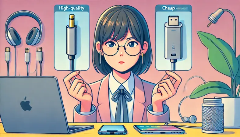高品質なUSB-C→3.5mmアダプタと安価な粗悪品を比較して検討している日本人のイラスト