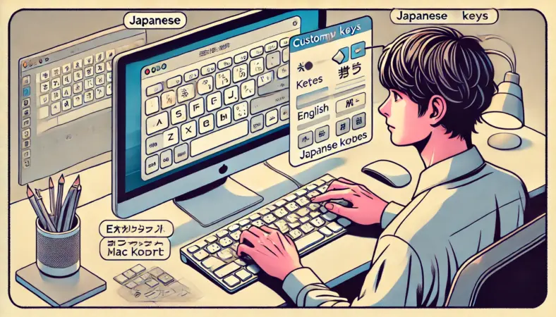 日本人ユーザーがMacキーボードを使いながら、Windowsで「変換」キーと「無変換」キーを活用して日本語と英語の入力を快適に切り替えるための設定を行っているイラスト。Windowsの設定画面とMac風キーボードが整った作業スペースに描かれている。