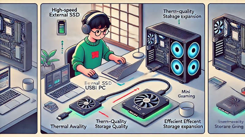 高速な外付けSSDをミニPCに接続し、放熱にも配慮した効率的なゲーム環境を整える日本人ユーザーのイラスト。ケーブルの品質や設置方法まで工夫されており、ストレージ拡張の実践的な運用例が描かれている