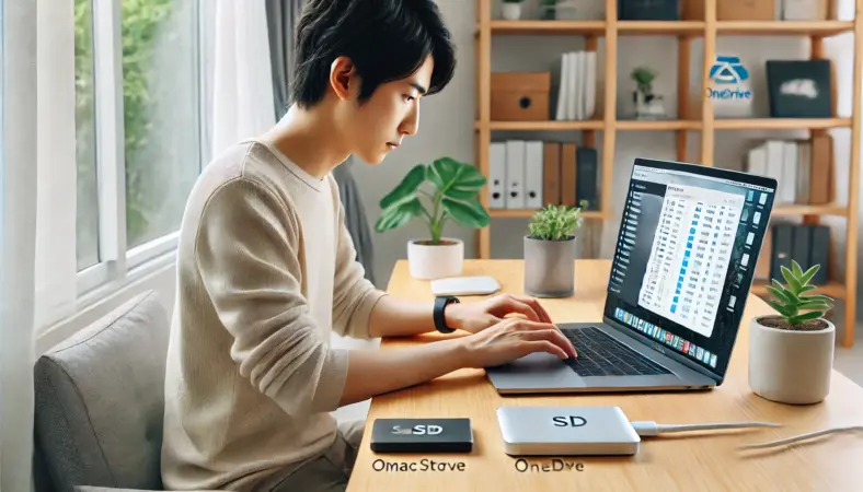 MacBookにUSB-C接続された外付けポータブルSSDを使い、大容量ファイルを整理・バックアップしている日本人男性。自宅の作業スペースで、OneDriveとMac内蔵ストレージとの役割分担を実践している様子。