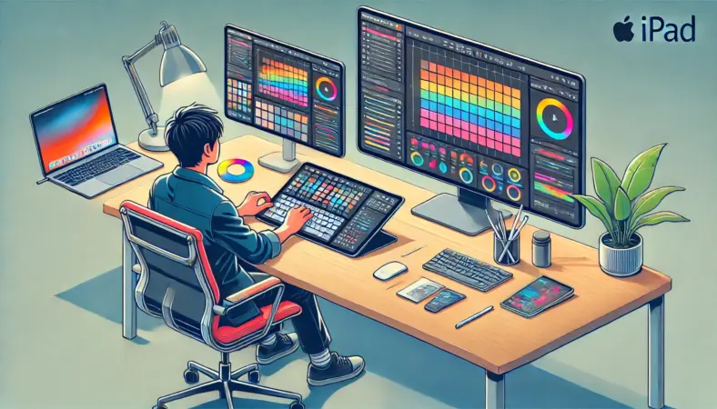 iPadと外部モニターを接続してもミラーリング表示しかできず、画面左右に黒帯が出て困惑する日本人ユーザーの様子を描いたイラスト。デスク上にiPadとモニターが並び、現代的な家庭の作業スペースが舞台。