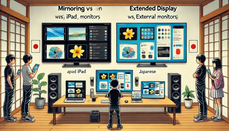 iPadと外部ディスプレイの接続におけるミラーリングと拡張表示の違いを左右で比較するイラスト。ミラーリングは同じ画面で黒帯あり、拡張表示は別アプリが表示されている様子を描写。