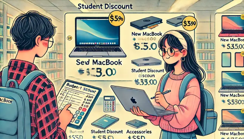 日本人の大学生がMacBookの学割価格を比較しながら、予算と周辺機器も含めて購入を検討している様子。自宅や店頭で冷静に計算し、賢い選択をしようとしている場面