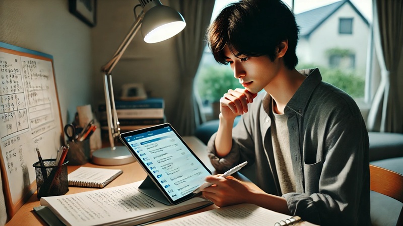 自宅の机でiPadを使い、講義ノートやPDF資料を整理しながら勉強する日本人大学生。整頓されたデスクと集中した表情が特徴