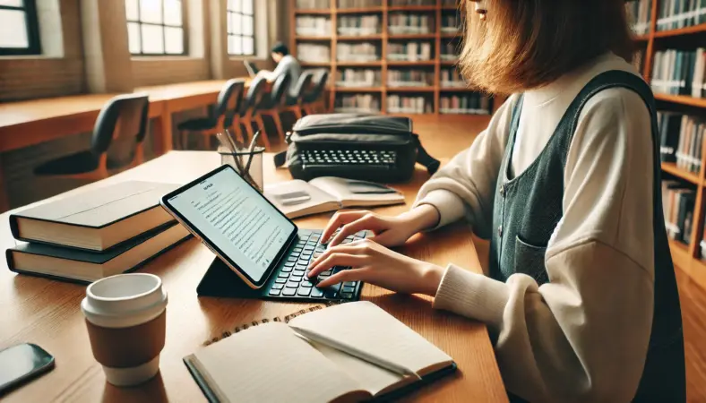 大学の図書館でiPad Airにキーボードを接続してレポート作成をする日本人大学生。PDF資料を確認しながら学習に集中している現実的なシーン。