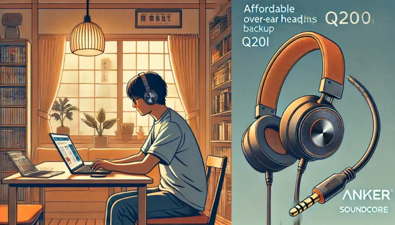 自宅で安価なオーバーイヤー型ヘッドホンを使いながら快適に作業している日本人のイラスト。有線接続されており、安定した音質環境で集中している様子が表現されている。