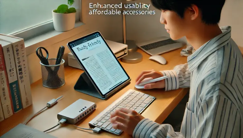 コストを抑えつつマウス・キーボード・USBハブを活用して、PDF学習の操作性を向上させている日本人学生の学習風景。