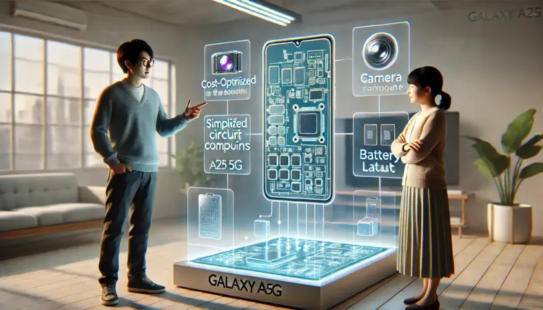 ホログラムを使ってスマートフォンの内部構造を説明する日本人技術者と、それを真剣に聞く男女のイラスト。Galaxy A25 5Gがコストを抑えて設計されていることを視覚的に表現。