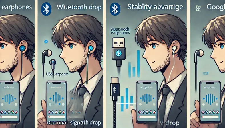 日本人ユーザーがGoogle PixelでBluetoothイヤホンとUSB-C有線イヤホンを比較使用。Bluetoothは途切れアイコンが表示され、有線は安定して音楽が再生されている様子を対比。