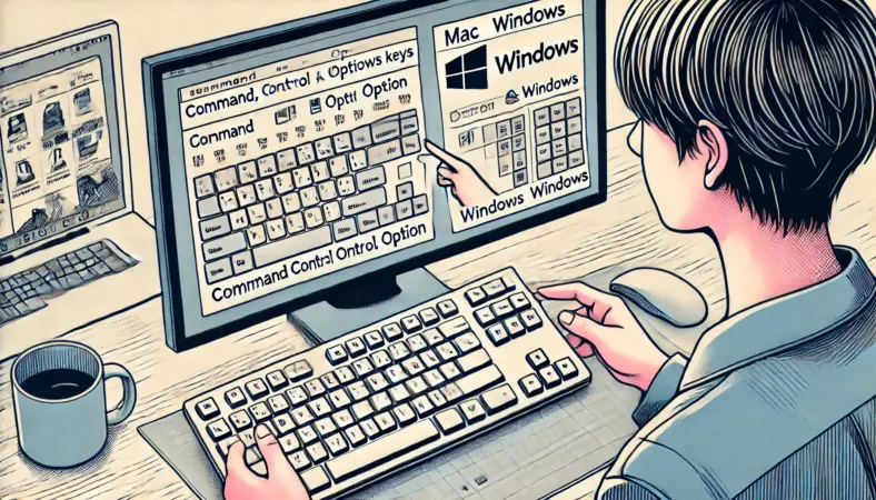 CommandキーやOptionキーなどの違いを示すキー対応表を見ながら、MacとWindowsのキーボード配列を比較している日本人ユーザーのイラスト。画面には拡大されたキーレイアウトも表示されている。