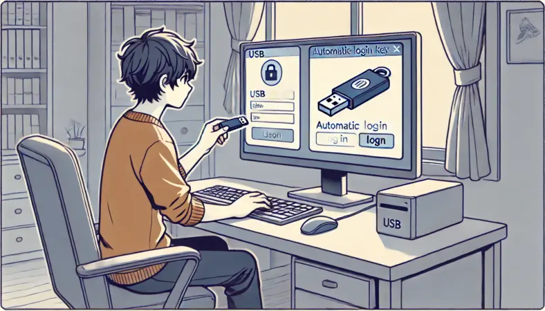 日本人のユーザーが自宅のパソコンに小型USBメモリを挿入し、専用ソフトウェアによって自動ログインまたはロック機能を使っている様子のイラスト。テックな雰囲気の中、ソフトのUIも視覚的に示されている。