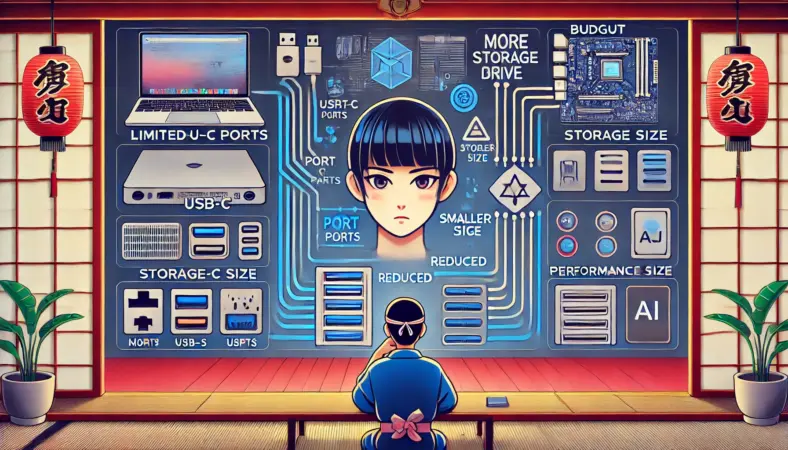 高性能モデルと廉価モデルの違いを比較する日本人ユーザー。ポート数やストレージ、AI機能の対応に差がある2台のノートPCを前に考え込んでいる場面