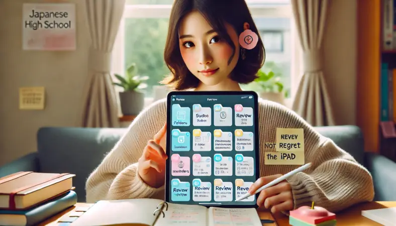 科目ごとにフォルダ整理されたiPad画面を使いながら、紙の単語カードも併用して効率的に学習を進める日本人高校生。