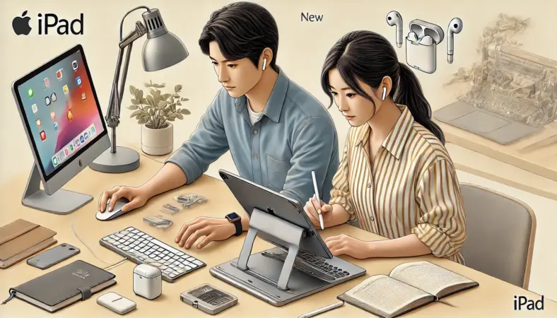 iPadをキーボード・スタンドとともにノートパソコンのように使い、集中して作業する日本人男女のイラスト。ホームオフィス風の空間にAirPodsや充電器なども配置され、快適な作業環境を表現。