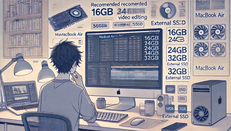 動画編集に適したMacBook Airのスペックを確認している日本人のクリエイターが、メモリ容量の違いや外付けSSDの運用について検討しているアニメ風イラスト。整理されたワークスペースで落ち着いて情報収集している様子。