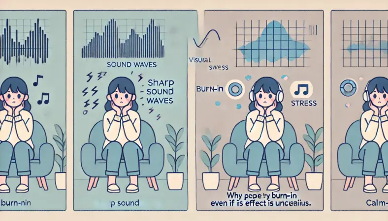 静かな部屋で音楽を聴いている日本人の人物のイラスト。左側には鋭い音波と緊張、右側には滑らかな音波と落ち着いた表情が対比的に描かれている