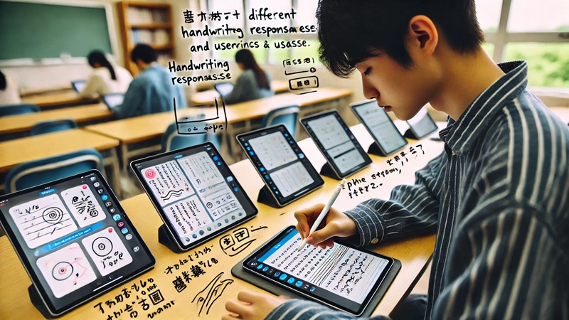 明るい部屋で複数のノートアプリを試しながら、iPadにApple Pencilで素早く書き込んでいる日本人大学生。書き味の比較を真剣に行う姿が印象的