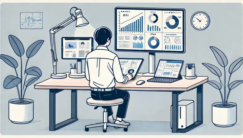 iPadと外部モニターを組み合わせて作業領域を拡張し、iPadで入力、モニターで資料参照をしている日本人男性のホームオフィスのイラスト。