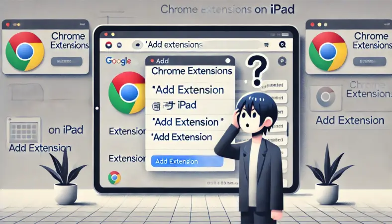 拡張機能を追加しようとして困惑している日本人ユーザーがiPadを操作している様子。iPadのChrome画面には拡張機能追加ボタンがなく、デスクトップとの違いが視覚的に比較されているテクノロジー系イメージ。