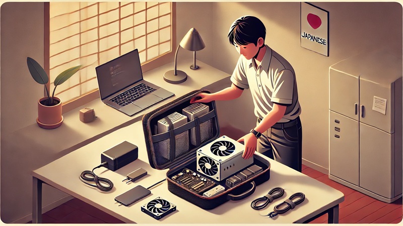ミニPC本体と最小限の周辺機器をコンパクトにバッグへ収納している日本人ユーザーのイラスト。外付けGPUなどに依存せず、持ち運びやすく高性能な構成を視覚的に伝えている。