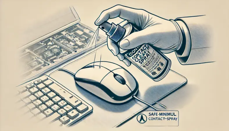 日本人ユーザーが通気の良い作業スペースで、細いノズル付きの接点復活スプレーを使い、マウスのスクロールホイール隙間に少量だけ吹きかけているイラスト。安全対策が施され、慎重な作業風景が描かれている。
