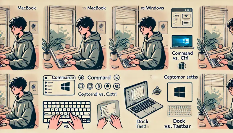 日本人のユーザーがWindowsからMacBookへ乗り換えたあと、トラックパッドのジェスチャーやキーボードショートカットの違いを学びながら操作に慣れていく様子