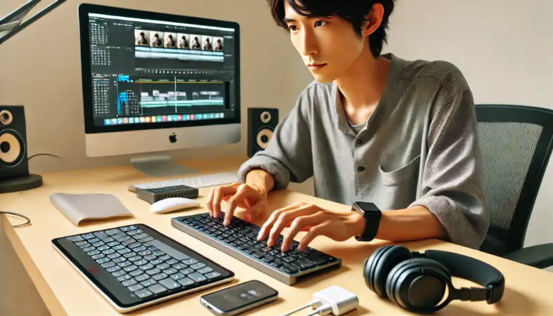 日本人の動画編集者が、ワイヤレスキーボードとiPadを使って効率よく作業している様子。ショートカット操作によって反復作業の負担が軽減され、集中力を保ったまま編集を進めている。