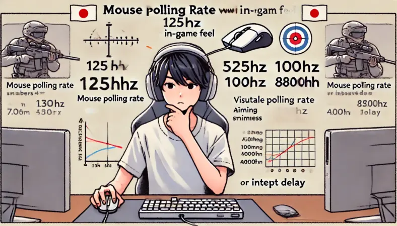 ポーリングレートの数値と実際のエイム操作感を比較しながら検証している日本人ゲーマーのイラスト