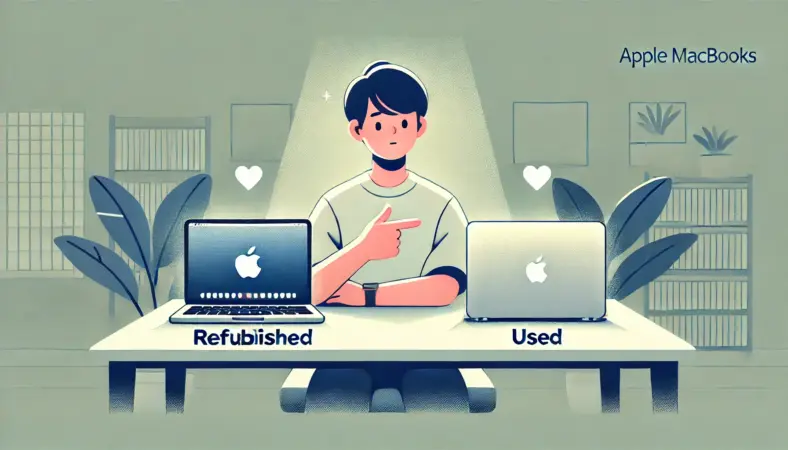 整備済MacBookと中古MacBookを比較しながら、整備済品を選択する日本人ユーザーのイラスト。信頼性と保証を重視する様子が伝わる構成。