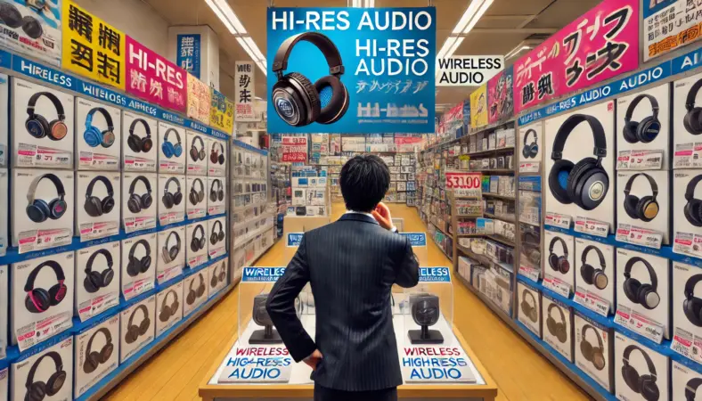 日本の家電量販店で、ハイレゾ対応と表示されたヘッドホン売り場を見つめる日本人男性。カラフルなラベルや展示物に囲まれ、混乱した表情で製品を見比べている様子。マーケティングによる期待と現実のギャップを象徴するシーン。