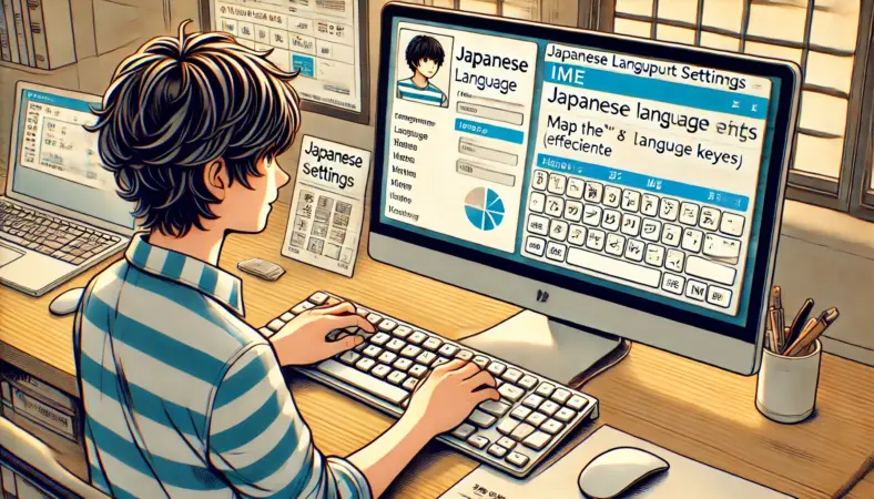 日本人ユーザーがWindowsパソコン上でMacキーボードの「英数」「かな」キーを使った日本語入力切り替え設定を行っているイラスト。IMEのカスタマイズ画面と、Macスタイルのキーボードが明るく整ったデスク上に描かれている。
