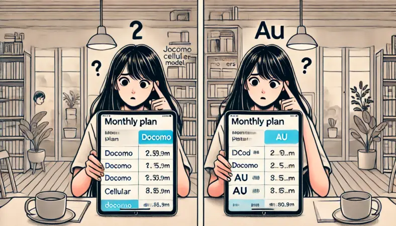自宅のデスクでiPadの通信プランを比較して悩む日本人女性のイラスト。画面には2つのプランが表示されており、どちらにすべきか迷っている様子が描かれている。