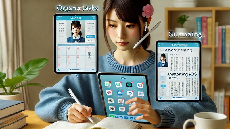 有料ノートアプリの導入を検討し、比較情報を読みながら最適な選択をしようとする日本人大学生。慎重な意思決定の様子。