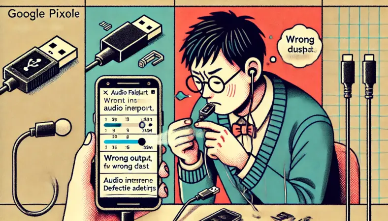 Google Pixelで有線イヤホンが使えない原因を探る日本人ユーザー。アダプタの接触確認、端子のホコリ除去、Bluetooth設定の確認など複数の対処を同時に描いたシーン。