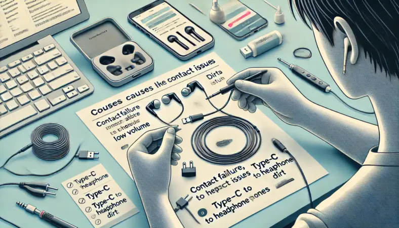 日本人の人物が、有線イヤホンの音が小さくなった原因を探るために、イヤホンプラグを軽く動かしたり、ケーブルをひねって接触不良を確認している様子を描いたイラスト。机の上にはスマートフォン、Type-C変換アダプター、清掃ツールなどが並び、明るい作業空間で問題の切り分けをしている。